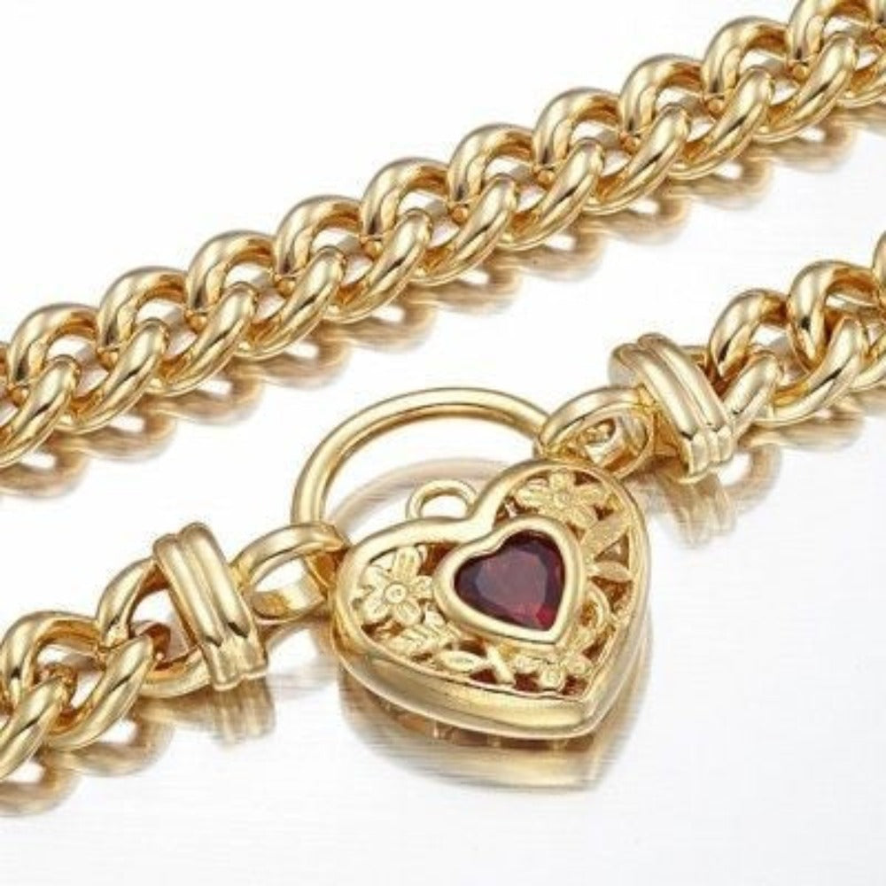 18ct Heavy Yellow Gold Plated Euro Chain Necklace with a Filigree Locket Featuring a Simulated Ruby - USA Made-1
